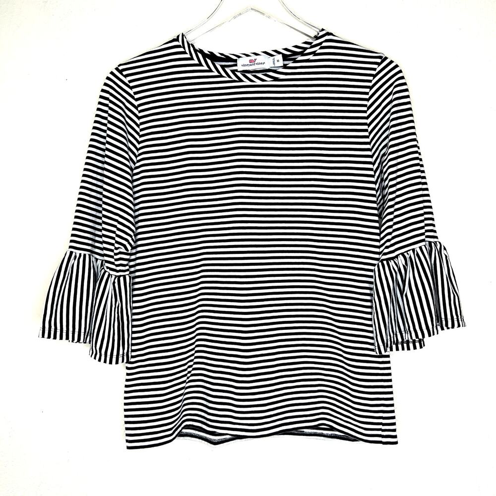 Vineyard Vines Striped Bell Sleeve Tee Top Black White 3/4 Sleeve MEDIUM